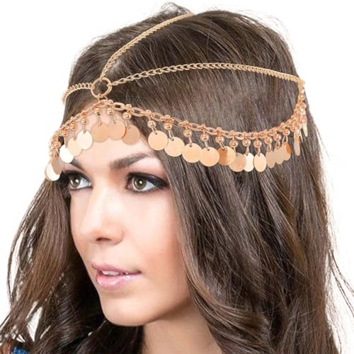 Reaky Pailletten-Kopfkette, goldfarben, Boho-Kopfbedeckung, mehrlagige Haarketten, Stirnketten, Schmuck, Hochzeit, Festival, Halloween-Kostüm, Haar-Accessoires für Frauen