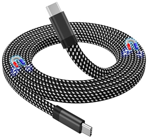 Magtame USB C Kabel, Magnetisches USB-C-auf-USB-C-Kabel 60W(3A), Flaches gewendeltes Ladekabel 1M, Nylon geflochtenes Typ-C-Schnellladekabel Kompatibel für i- Phone 15 Pro Max Plus Samsung Schwarz
