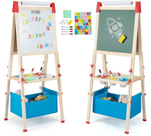COSTWAY Kids Easel, Double-Sided Art Easels with Magnetic Whiteboard & Chalk Board, Paper Roll, Storage Tray, Height Adjustable Children Drawing Board for Girls Boys (Blue + Natural, 102-126cm)