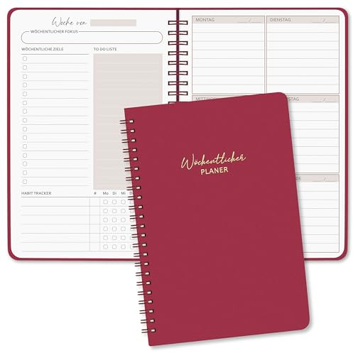 BIROYAL Undatierter Wochenplaner A5, 52 Wochen, 2 Seiten pro Woche | 120g Premium Papier Kein Durchschreiben, Ringbuch wöchentlicher Terminplaner mit To Do Liste, Habit Tracker für Büro Schule
