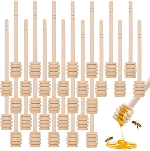 WSAMJIN Juego de 30 Mini Madera para Miel, Cucharas de Miel, Dispensador Portátil de Tarros de Miel Varilla Agitadora de Miel para Boda Cumpleaños, Baby Shower, Navidad, Fiesta, Postres (15cm)