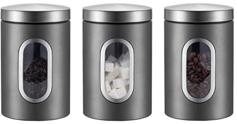 Kiss Me 3 Pcs Stainless Steel Kitchen Canister Set with Visible Window | Durable food storage jars for coffee, tea, and sugar with a sleek silver finish.