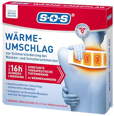 SOS Wärme-Umschlag (2 Umschläge) - Schmerzlinderung bei Muskel- & Gelenkschmerzen, Beschwerden im Nacken & Schulterbereich - löst Verspannungen - bis zu 8 Stunden Wärme