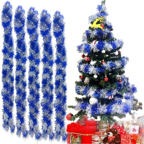 Guirnalda De Oropel Navideña, Guirnalda De Metal Brillante De 2 M * 5 Piezas, Guirnalda Navideña De Escalera, Oropel Navideño Plateado Grueso, Guirnalda De Oropel Retorcida(Azul Plata)