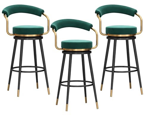 Drehhocker mit Rückenlehnen, 65 cm Thekenhöhe, modern, gepolstert, mit schwarzen Metallbeinen, Grün, 3 Stück