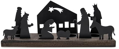 Kerzenhalter Krippe schwarz - 32 x 9 cm - Weihnachtsdorf Silhouette mit Haltern für 4 Teelichter - Weihnachten Advent Winter Kerzen Ständer Tisch Fenster Schattenspiel