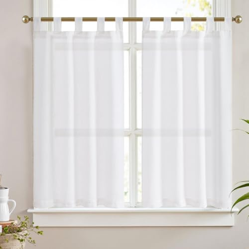 Vangao Scheibengardinen Weiß Modern Küche Leinenoptik Bistrogardine 2er Set 65Bx115Hcm mit Schlaufen Küchengardinen für Balkontür Wohnwagen Landhausstil Gardinen Kurz Lichtdurchlässig