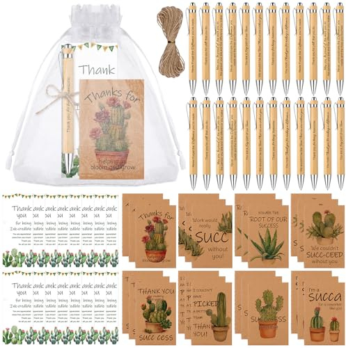 ULELE 24 Sets Employee Appreciation Gift Bulk Teacher Appreciation Gifts Bulk Include Bamboo Ballpoint Pens Cactus Notebooks Cactus Thank You Cards Organza Bag Hemp Rope Teacher Appreciation Pens
