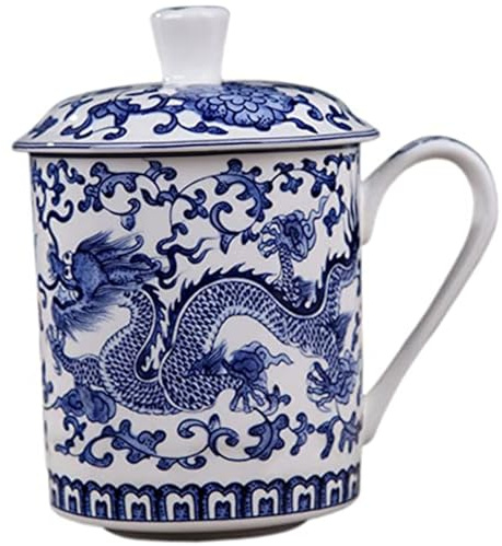 1PC Chinese Tea Cups, 500ml Large Capacity Ceramic Blue and White Tea Mug with Lid and Handle for Loose Leaf Home Office.