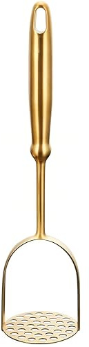 Golden Presse-purée en acier inoxydable avec poignée ergonomique robuste pour purée de pommes de terre, avocat, bœuf haché et haricots, passe au lave-vaisselle (poignée courte ronde)