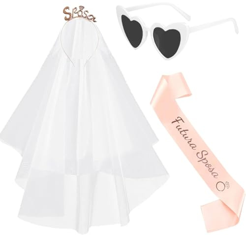 Gadget Addio al Nubilato Gadget Futura Sposa Bride to be Fascia Futura Sposa+ Tiara per Capelli con Velo Sposa +Occhiali Cuore Accessori Kit Decorazione per Addio al Nubilato Sposa Festa Matrimonio
