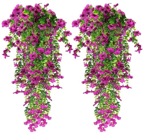 4 Pcs Flores Artificiales Colgantes, Flores Artificiales Resistente a los Rayos UV,Plantas Artificiales Colgantes de 76 cm,Artificiales Colgantes de Exterior,para Jardín Porche Balcón Patio (Morado)