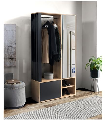 MEBLINI Garderobenschrank Flur mit Spiegel - Garderobe Schrank - Flurgarderobe schmal - Garderobe Flur Möbel Set - Flurschrank hoch - Milano - 100x33x190cm R/L - Artisan Eiche/Schwarz