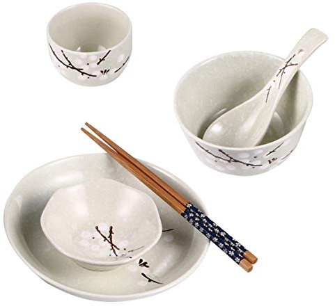 VALICLUD Juego De Vajilla Japonesa De Cerámica 6 Piezas Azul Práctico Para Solteros Plato, Cuenco, Taza, Cuchara y Palillos Adecuado Para Uso Doméstico Diario