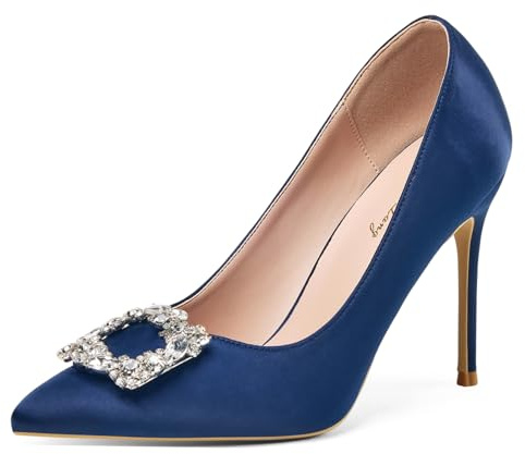 Zhabtuc Women's Satin Pointed Toe Court Shoes with Rhinestone Brooch, 4 Inch Stiletto Heel – Perfect for Parties and Weddings