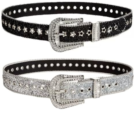 IZIHQA 2 Pezzi Cintura Y2K, Cintura Borchiata Metallo Punk Rock Cinture Con Rivetti, Cintura In Pelle Pu Con Strass, Per Donne/Uomini In Pelle Accessori Pantaloni Jeans (Nero, Argento)