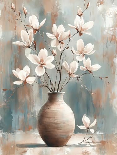 STYLER Leinwandbild Misty Magnolias 60 x 80 cm I Wandbild Leinwand Blumenmotiv modern I Wohnzimmer Schlafzimmer Esszimmer Büro I Wanddeko Home Design I Florale Kunst sanfte Farben I Made in Europe