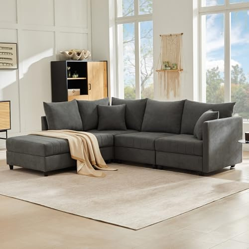 Modern hörnsoffa med vertikala ränder, modulär soffa, 5-sitsig soffa, med konverterbar fotpall, L-formad soffa, U-formad soffa, lämplig för vardagsrum, lägenhet etc. [Gamla sku:N653P2501G]