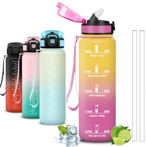 Mujigaga Gourde, Gourde 1l, Anti Fuite, Gourdes Sport, Facile à Transporter, Gourdes Graduée, avec Slogan de Motivation, Bouteille pour École, Camping, Yoga, Randonnée, Nager, Triathlon