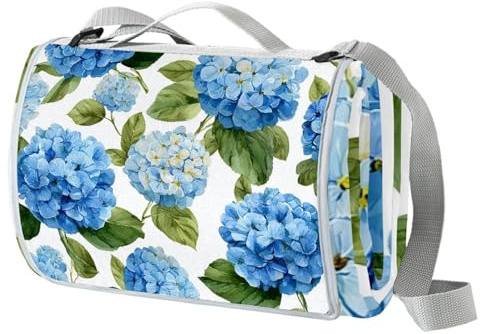 Coperta da picnic con ortensia blu, impermeabile, 150 x 145 cm, tappetino da picnic, lavabile, leggera, con manico, per escursioni, viaggi, campeggio all'aperto, parchi