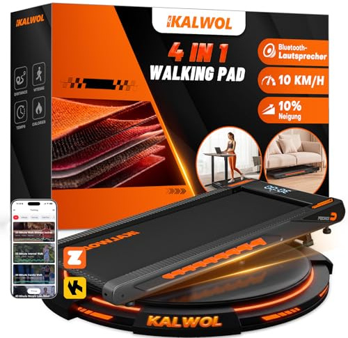 KALWOL Walking Pad mit Bluetooth Lautsprecher, 4 in 1 10km/h Laufband für Zuhause mit 10% Steigung, 2,75 HP bürstenloser Treadmill für Zuhause & Büro mit LED-Display, 12 HIIT-Programme, Bis 160 kg