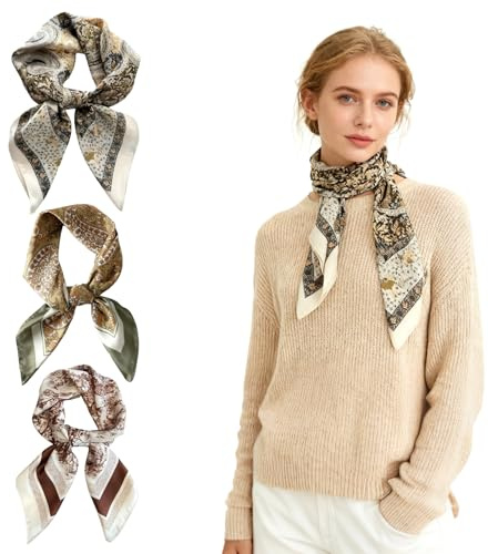 Korechain 3er-Pack Bedruckt Seidentuch, Quadratisch Bandana Damen 68 x 65 cm, Geschmeidig Halstuch, Haartuch Damen zum Binden zum Verzieren von Kleidung, Frisuren und Taschen