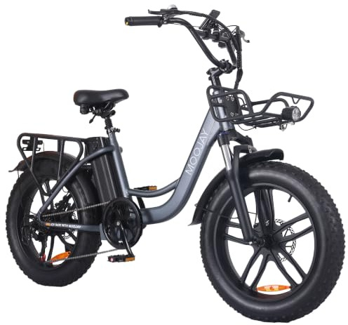MOOJAY Vélo Électrique Adulte, Autonomie 80km, 25 km/h | Pneus 20 Tout-Terrain, 250 W, Batterie 48 V 13 Ah Amovible, 7 Vitesses, Écran LCD, Panier Métal, Freins à Disque Doubles