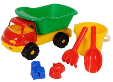 Simba 107134123 - LKW Kipper gefüllt, 2-sort., es Wird nur EIN Artikel geliefert, 6 Teile, Kipper, Eimer, 2X Sandform, Schaufel, Rechen, 35cm