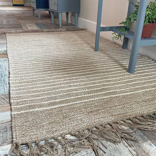 Second Nature Online - BEKAL Area Rug | Sand Beige and Off White Pin Stripe Weave of Cotton Jute Yarn | Hand Woven | Ethical Trade | Eco-Friendly (70 x 200 cm)