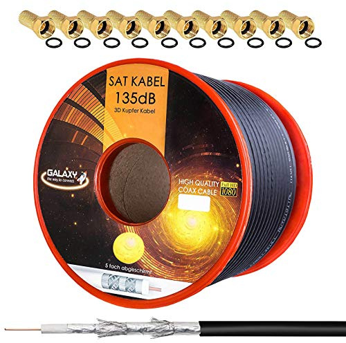 HB Digital 135dB 25m Koaxial SAT Kabel Reines KU Kupfer Schwarz Koax Kabel Antennenkabel 5-Fach geschirmt für DVB-S / S2 DVB-C und DVB-T BK Anlagen + 10 vergoldete F-Stecker mit Gummiring Set