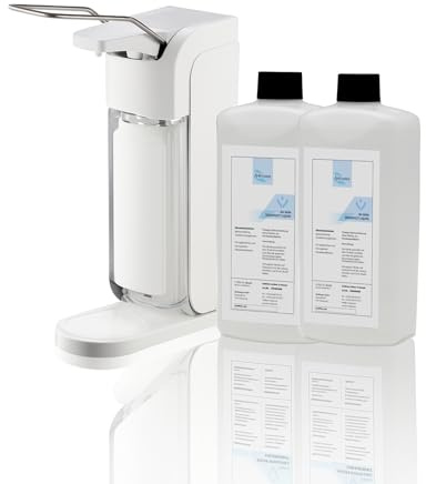 Blanc HYGIENIC Universal-Armhebelspender-Set + 2 × 500 ml Händedesinfektion | Universal-Armhebelspender mit Tropfschale, drei Dosierstufen und 2 × 500 ml Händedesinfektion