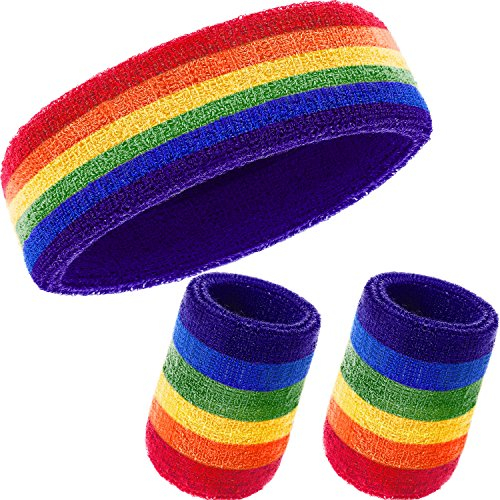 WILLBOND Schweißband-Set, 3-teilig, inkl. Sport-Stirnband und Handgelenk-Schweißbänder aus Baumwolle für sportliche Männer und Frauen, Regenbogenfarben