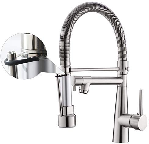 TIMACO LED Kitchen Tap 360° Swivelling with Spiral Spring Shower Extendible Gastro High-Pressure Kitchen Sink Mixer Tap Brushed Nickel