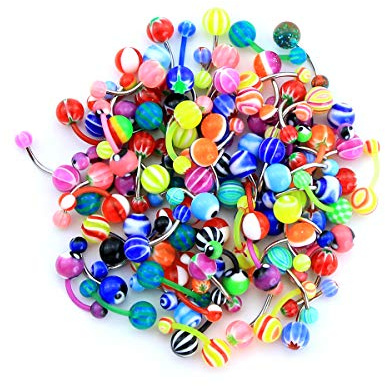 CM Crareesi Mania 30PCS Belly Bars Pack - Stainless Steel/Acrylic Navel Piercing Jewellery - Random Belly Button Bars 14G Banana Barbells