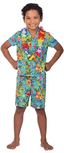 Amscan - Ensemble de fleurs hawaïennes pour garçon - Rose, noir ou bleu - Âge : 4-12 ans, bleu, 6-8 ans
