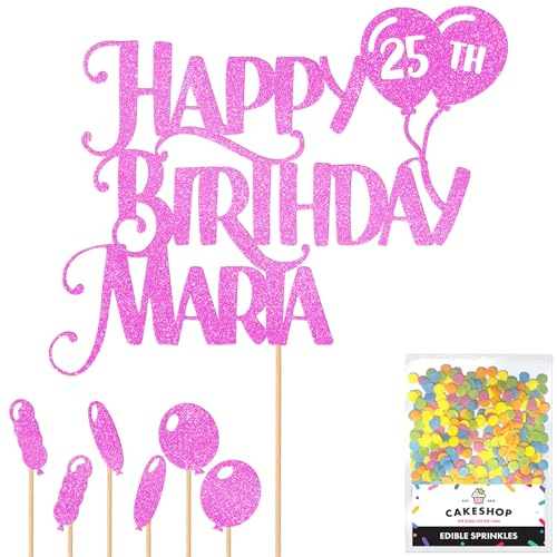 Personalised Happy Birthday Glitter Cake Topper inc Balloons - Lt Pink Any Name & Age Glitter Cake Decoration and Sprinkles - Happy Birthday Decorations - Personalised Toppers for Cakes by Cakeshop