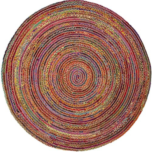 DN HANDICRAFT 4 ft Roter Mischen runder Teppich aus Jute Baumwolle, Bauernhaus, zweiseitiger böhmischer Eingangsteppich, 120x120 cm (4x4 Quadratfuß), wendbarer Teppich für das Wohnzimmer