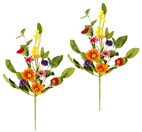 Künstlicher Deko Zweig Gerbera Margeriten – 2er Set Kunstblumen 42 x 25 x 10 cm – Dekozweig mit bunten Blüten, Kunstblumenzweig, Seidenblume, Dekoast für Vase, Hochzeit, Bouquet & Floristik