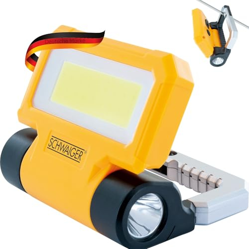 SCHWAIGER WL213 Arbeitsleuchte mit Taschenlampe Haken Magnete Arbeitsstrahler Baustrahler Werkstattlicht Arbeitslampe Taschenlicht Akku 180° drehbar gelb schwarz silber