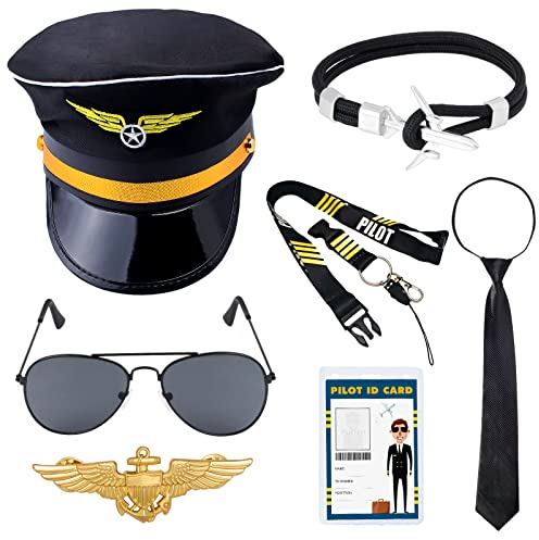 Keymall pilotkostym kit med hatt, flygarsolglasögon, slipsnål för män, luftfartsfest, halloween, utklädningstillbehörsset, C, gratis
