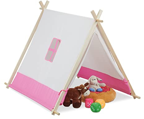 Relaxdays Tipi Zelt für Kinder, flach, Kinderzimmerzelt, HxBxT: 92 x 120 x 86 cm, drinnen, Wigwam Kinderzelt, weiß-rosa