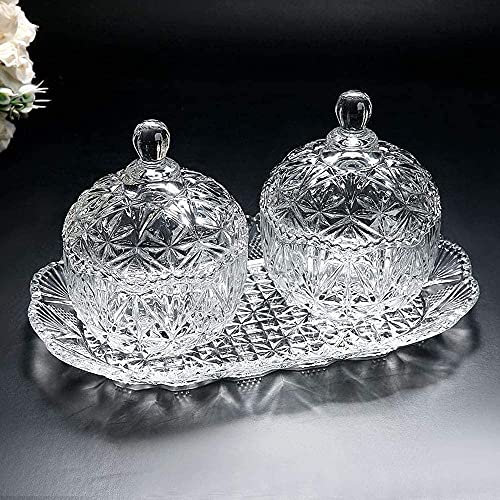 Khanary Glass Candy jar Three-Piece Set Sugar Bowl Set & Tray/Decorative Candy Dish |Serving Sugar Sweet |Fruit Dry Fruits, | Chocolates, | Snacks, | Sugar, | Dessert Sugar Bowl Set