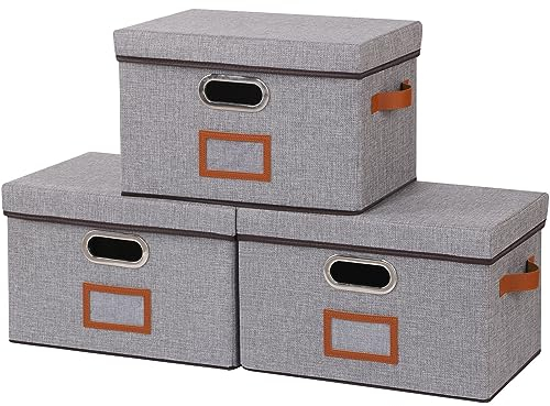 OUTBROS Cajas de Almacenamiento con tapas, Cestas de Almacenaje para estantes, Plegables Contenedores de tela para el hogar y la oficina, 33 x 23 x 20 cm, Gris, paquete de 3