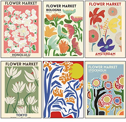 6Pcs Stilvolles Blumen Bilder Set Flower Market Poster Kunstdrucke A4 Moderne Wandbilder Vintage Wanddeko Ohne Rahmen Premium für Wohnzimmer Schlafzimmer Esszimmer…