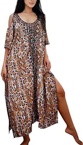 YouKD Sommarlång kaftan bohemiska myskläder strand baddräkt täcker maxiklänning för kvinnor, F Kaffe, one size