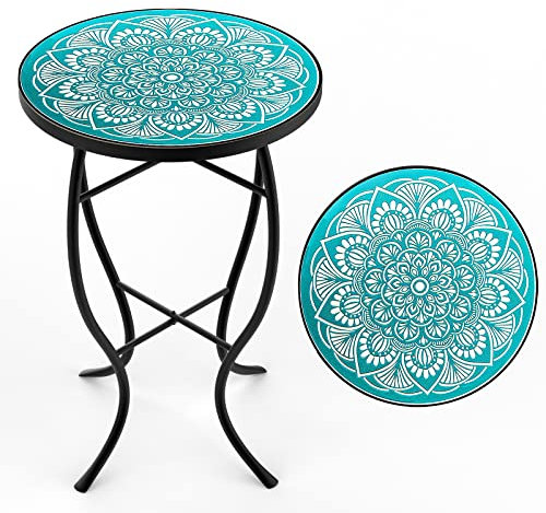 FROMJBEST Beistelltisch für Terrasse, Mosaik-Terrassen-Beistelltisch, wetterbeständig, 35,6 cm Durchmesser, 53,3 cm Höhe, Keramikfliesen, runder Außentisch für Terrasse, Veranda, Garten, Pool, Innen-