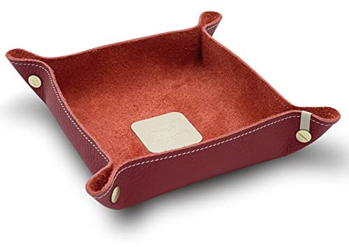 jabuti Edition Schlüsselschale/Taschenleerer 18 x 18cm feines Rindleder Rot mit Lamm Nappa Leder Applikationen Creme. Handgefertigt in unserem Atelier