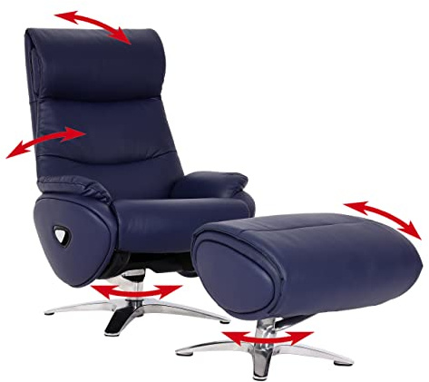 Relaxsessel mit Hocker HWC-K98AM, Fernsehsessel Sessel, Liegefunktion drehbar, Metall Echtleder/Kunstleder - blau