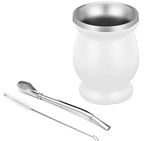 gvivej Tazze Mate Isolamento Termico per Bevande: 230ml Bianco Set Yerba Mate con Paglia e Spazzola - Tè Caffè Latte Succo