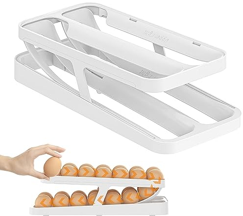 Portauova per frigorifero, doppia fila, porta uova per frigorifero, arrotolamento automatico 24 – 28 uova, organizer per frigorifero per cucina, casa, spazio salvataggio – bianco